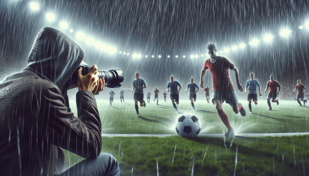 Fotograf som fotograferar en fotbollsmatch i starkt regn
