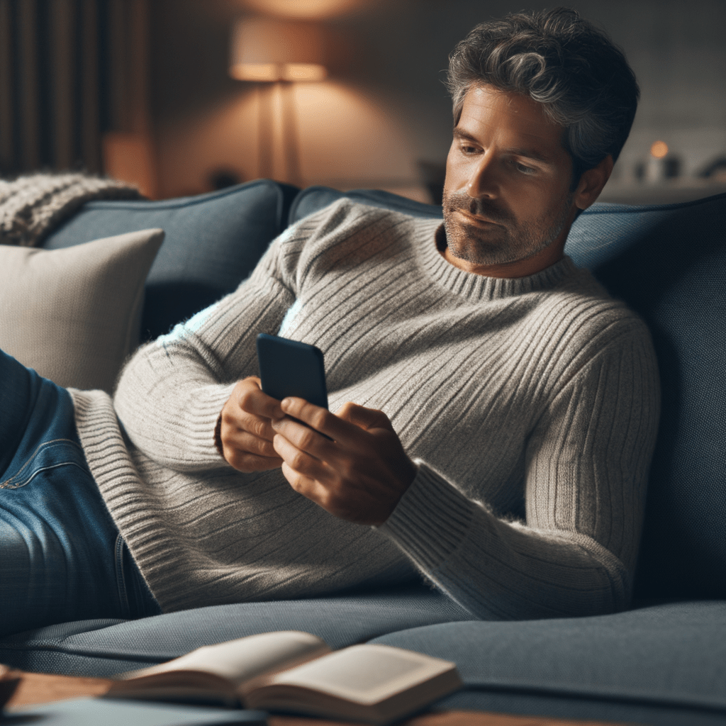 man som ligger ner i en soffa tittande in i en mobiltelefon